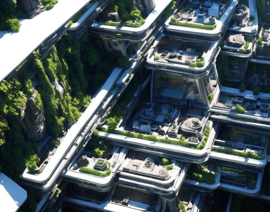 Futuristic cityscape with integrated greenery and elevated roadways