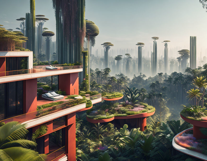 Futuristic multi-level architecture with terraces in lush high-rise forest