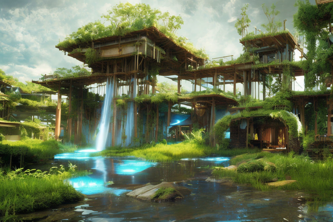 Tranquil digital artwork of lush treehouse village