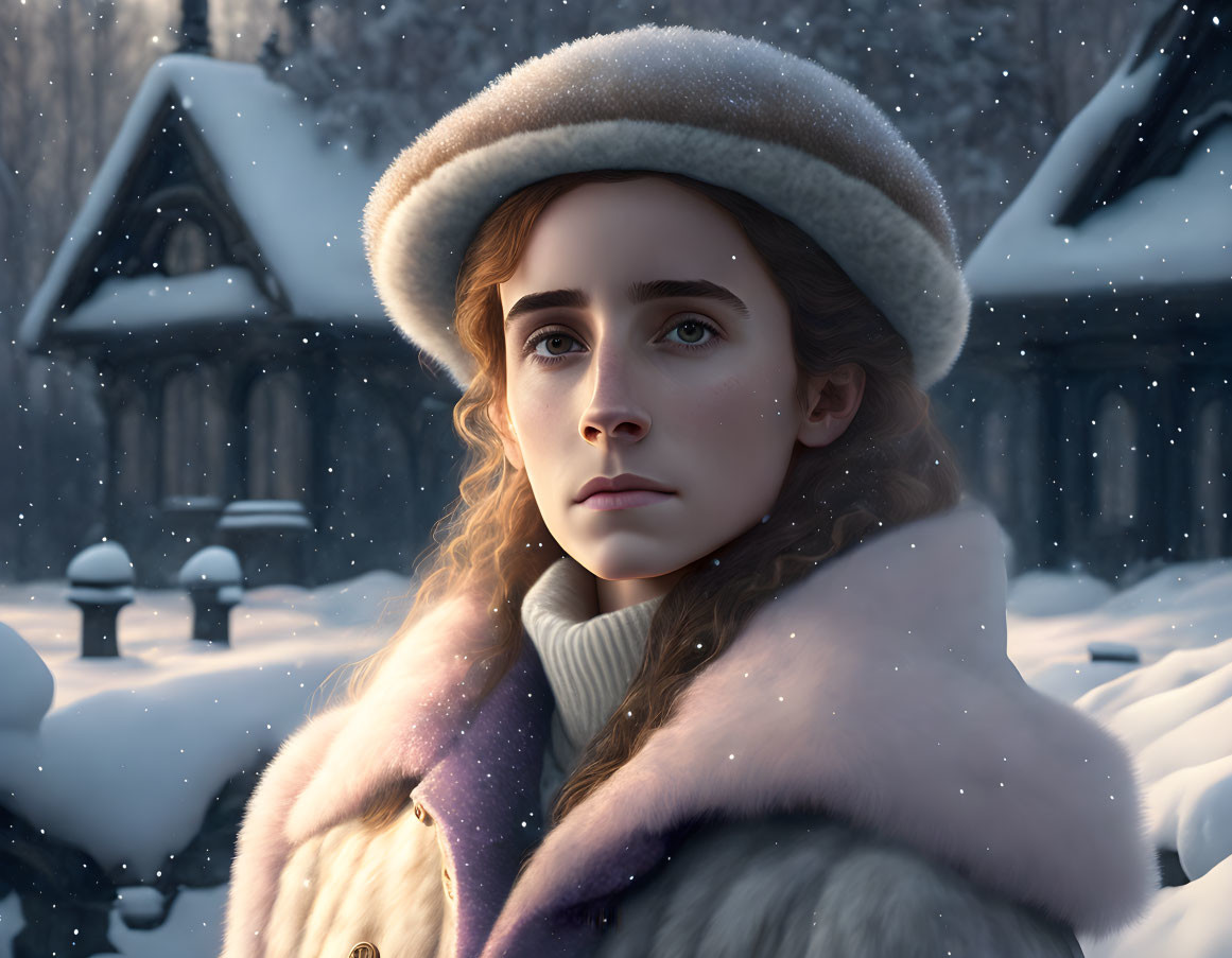 Young woman in winter clothes with fur collar and white hat outdoors in snowfall.