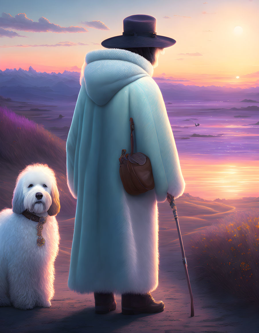 Person in Wide-Brimmed Hat with Dog Watching Sunset