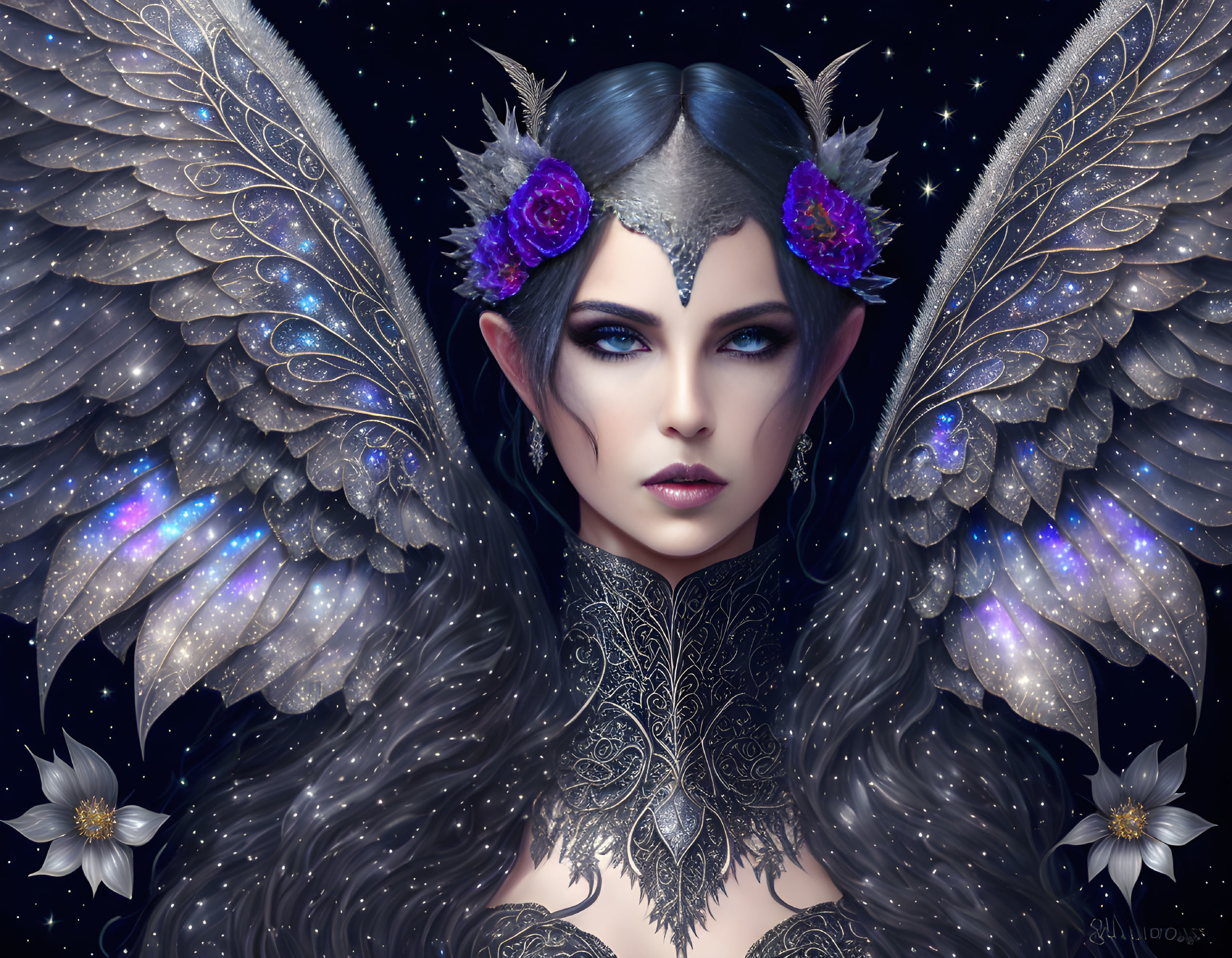 Fantastical female figure with cosmic wings and floral attire.