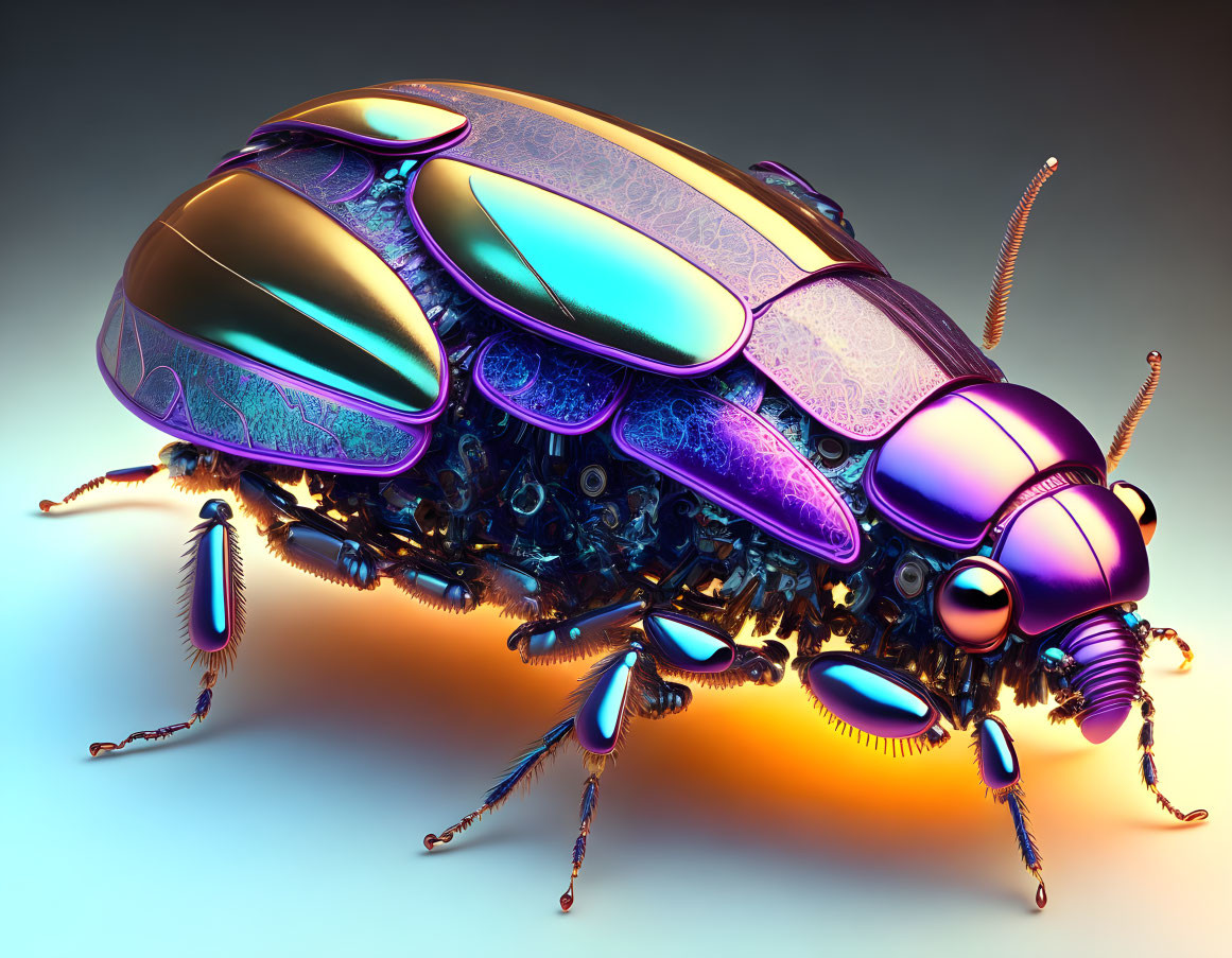 Iridescent mechanical beetle on gradient background