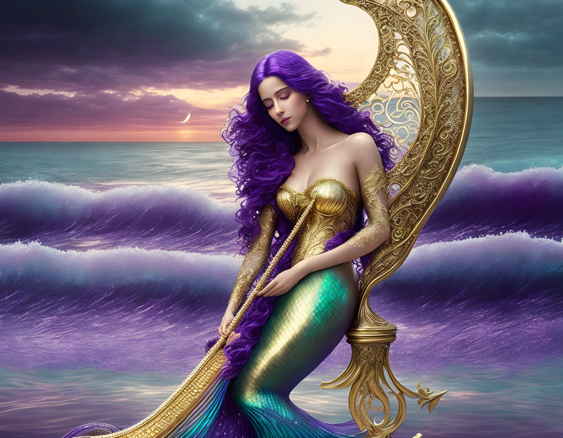 Fantasy illustration of purple-haired mermaid on sea rock at sunset