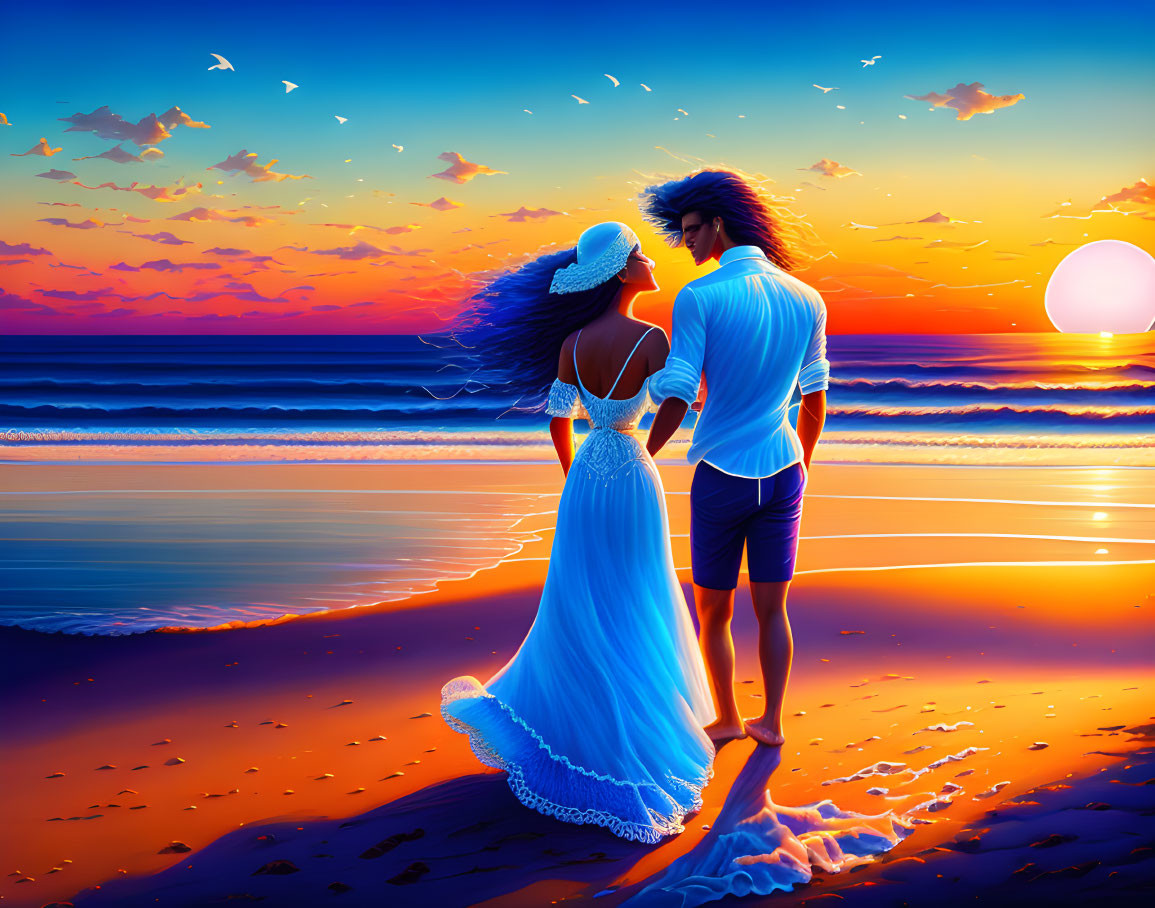 Romantic couple holding hands on beach at sunset with birds and reflections