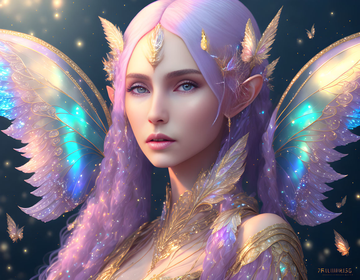 Fantasy elf with butterfly wings and golden leaf adornments on starry background