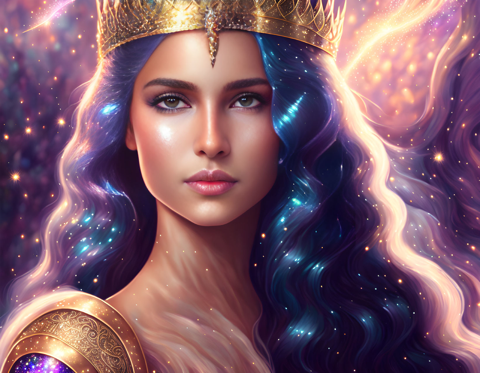 Regal woman with golden crown and cosmic hair adorned with stars