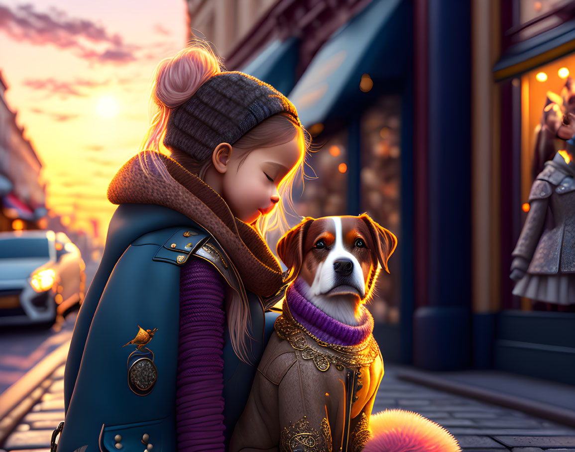 Girl in warm coat cuddles loyal dog on city street at sunset