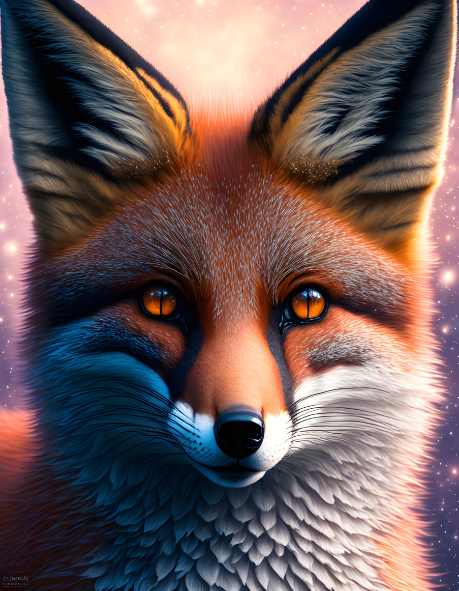 Detailed red fox head illustration on warm starry backdrop