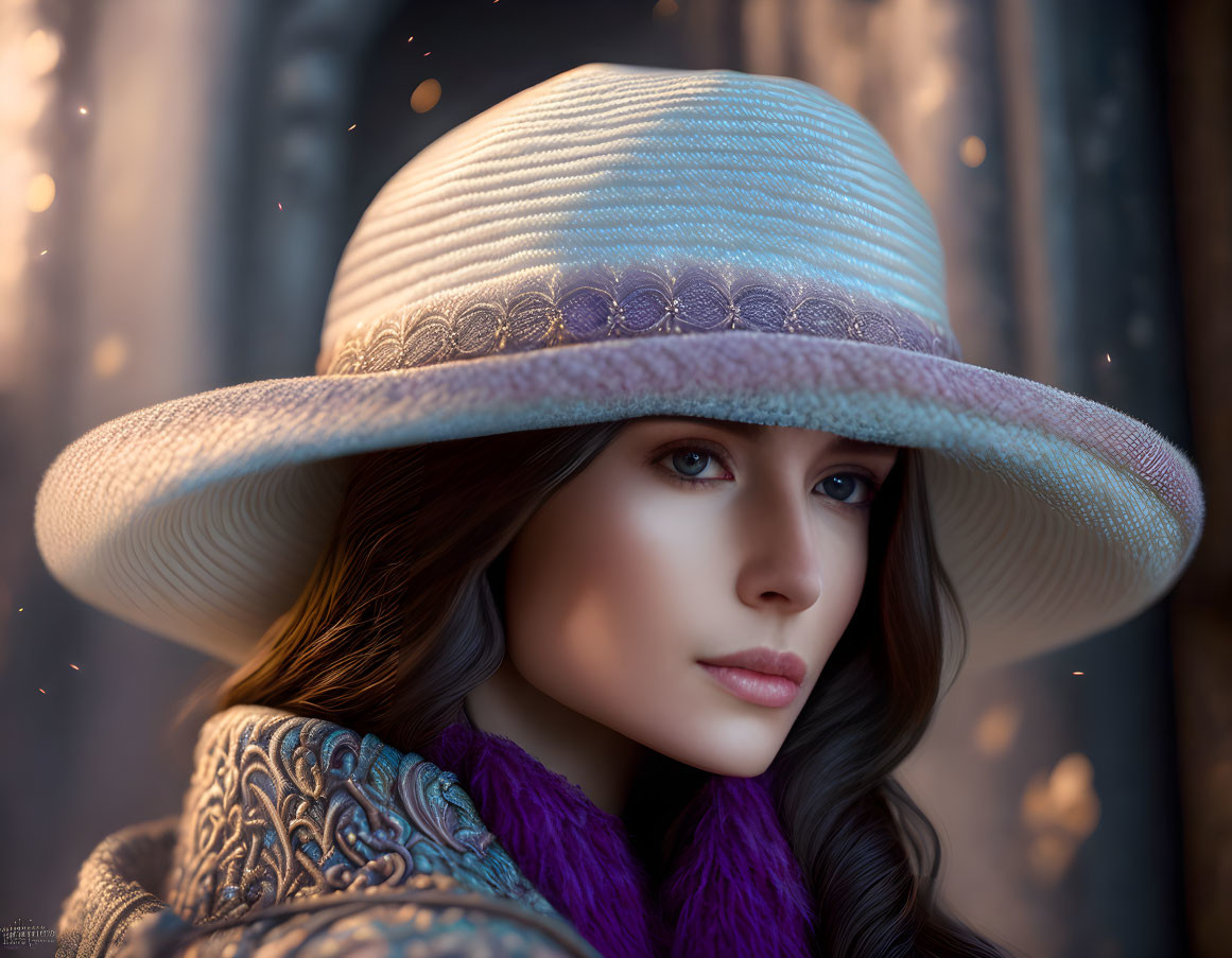 Portrait of woman in wide-brimmed hat and purple scarf with soft lighting and bokeh