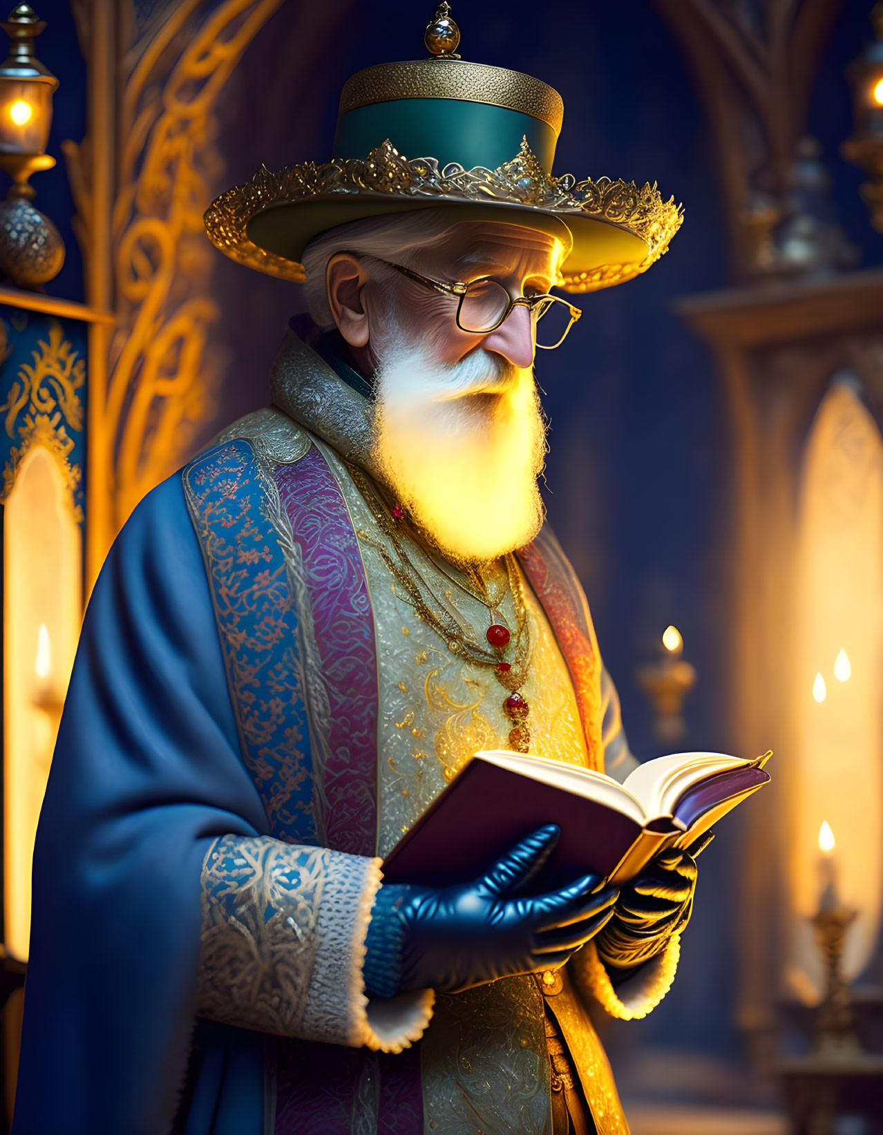 Elderly bearded man in regal attire reading book in candlelit chamber