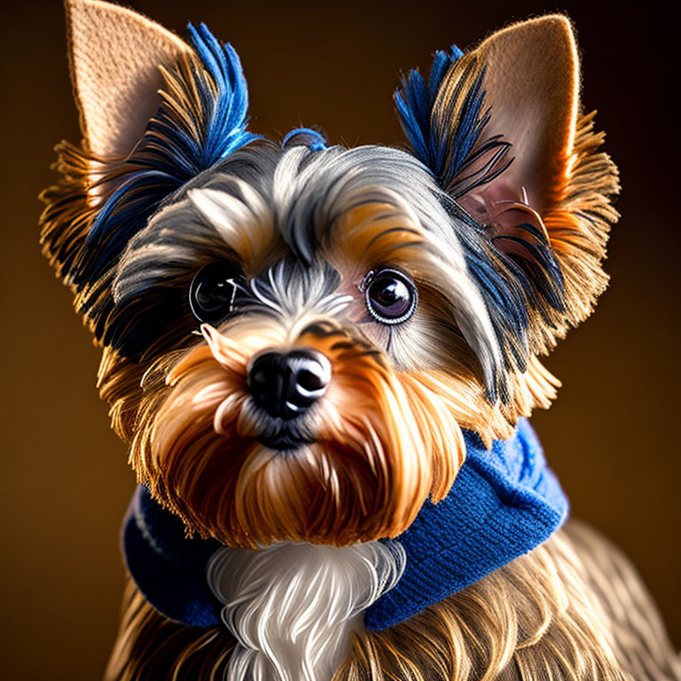 Yorkshire Terrier in Blue Scarf and Bows on Warm Background