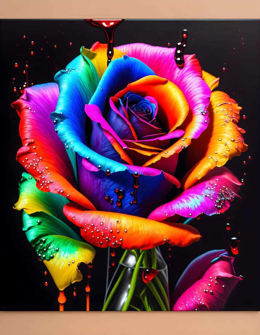 Colorful Rainbow Rose with Water Droplets on Dark Background