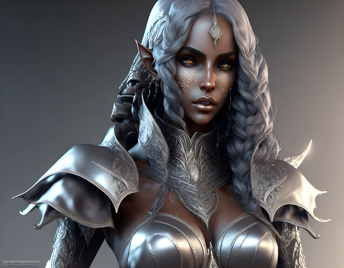 Fantasy digital artwork of a white-haired elf with dark skin and silver armor