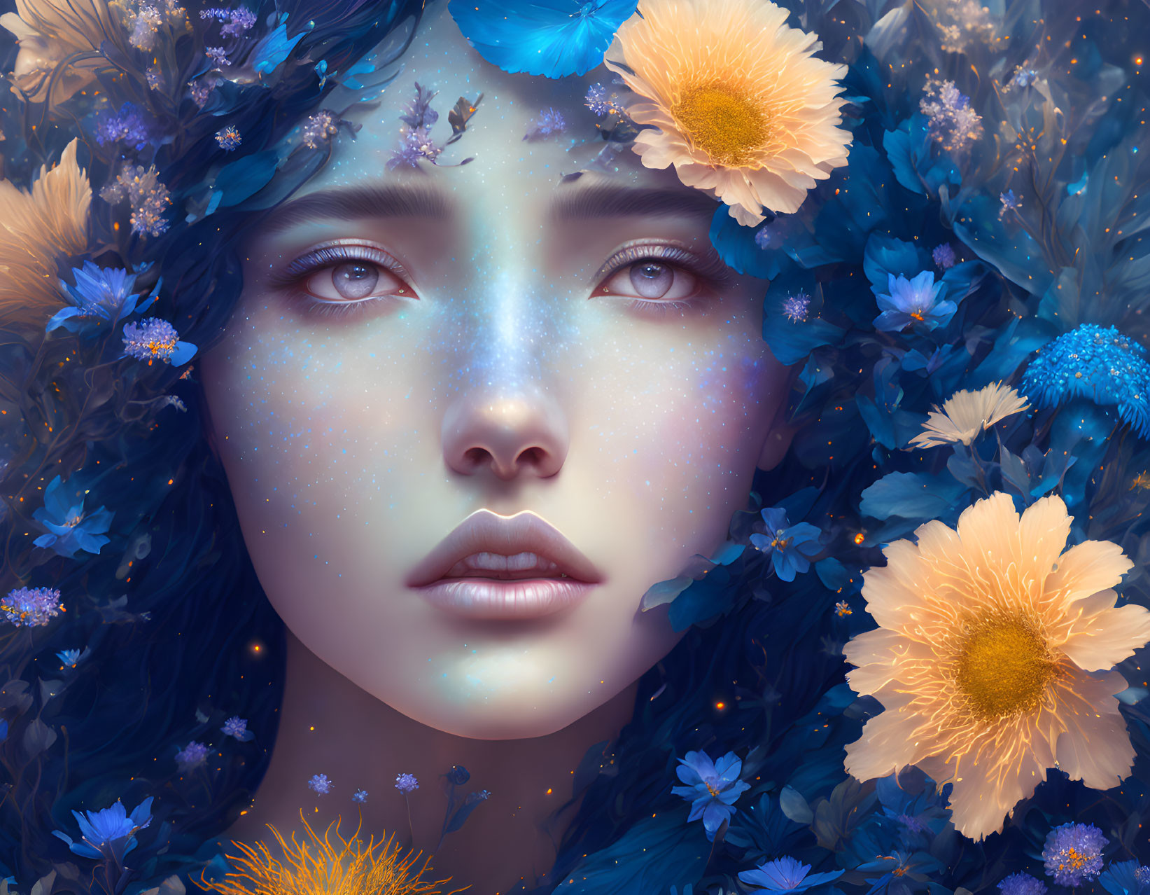 Woman's Face Surrounded by Blue Flowers and Sparkles