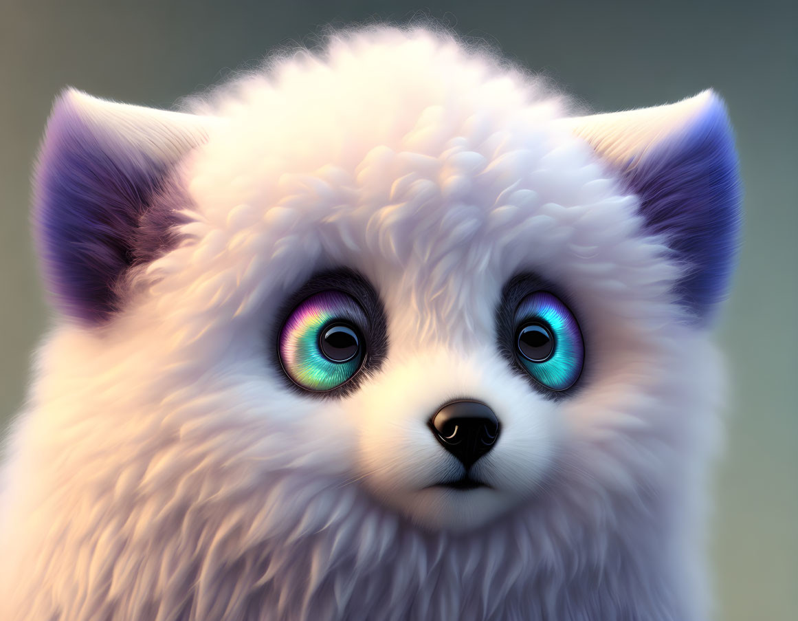 Fluffy White Creature with Multicolored Eyes and Purple-Tipped Ears