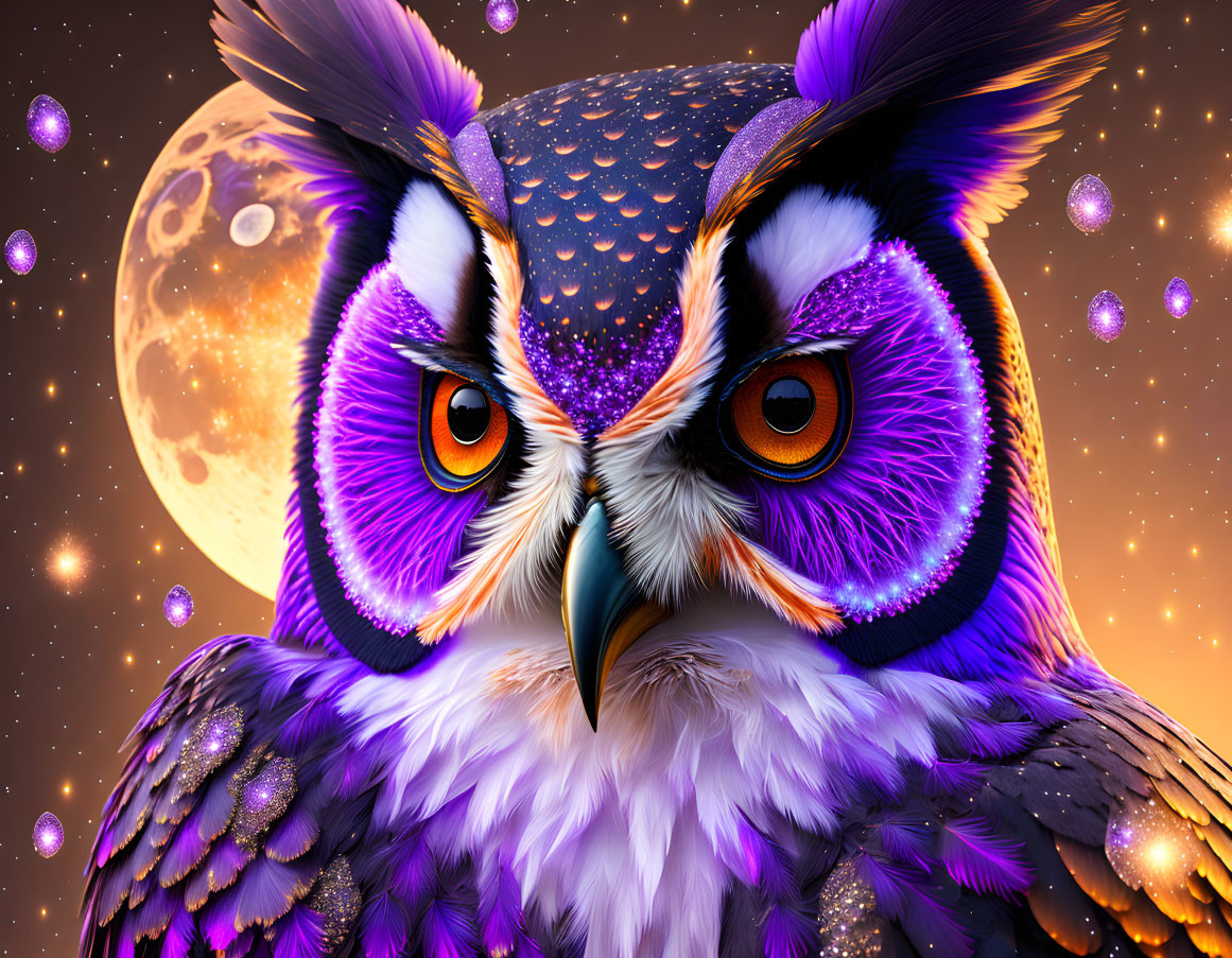 Colorful Owl Digital Artwork with Cosmic Background