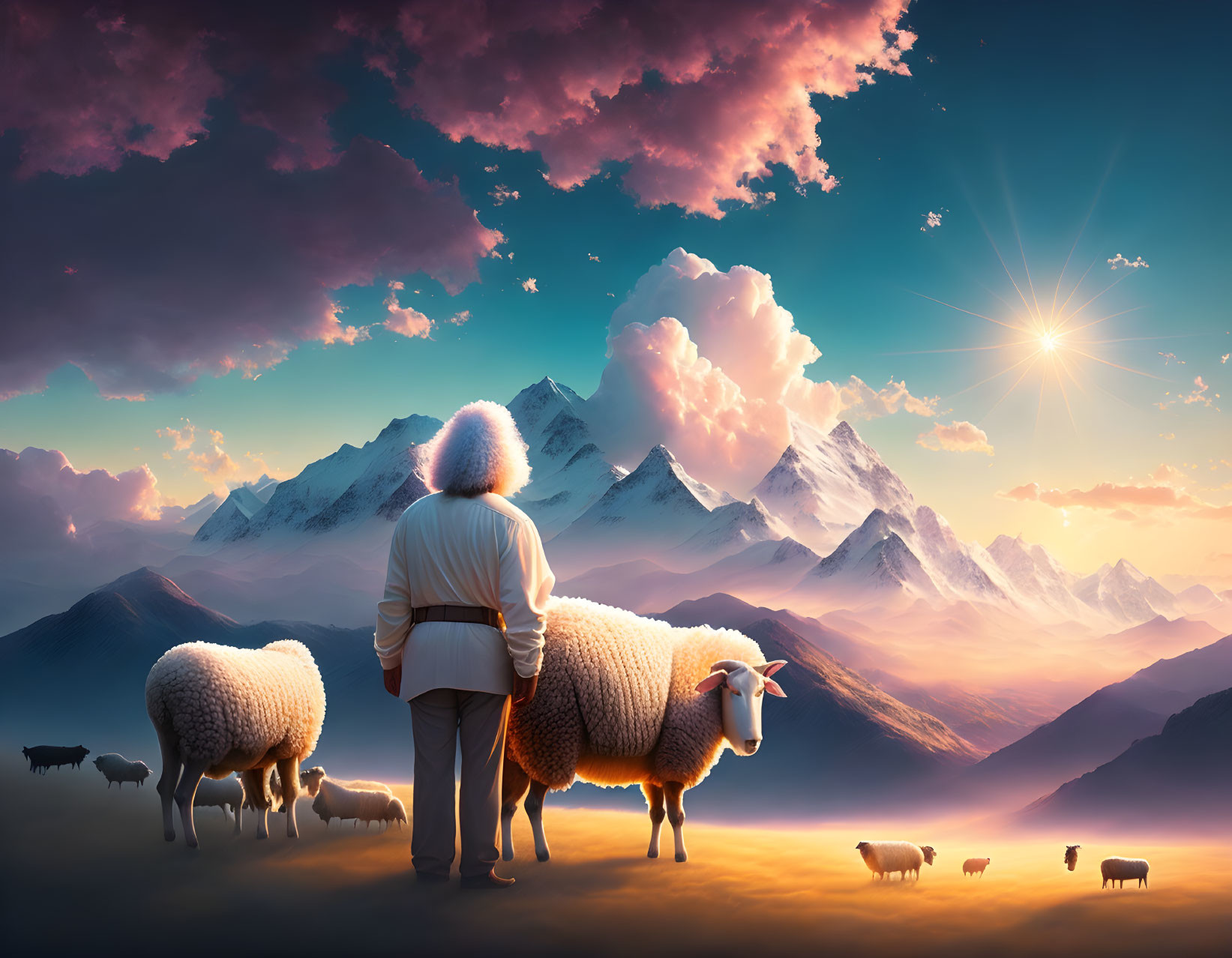 Shepherd and sheep on mountain at sunrise with colorful sky