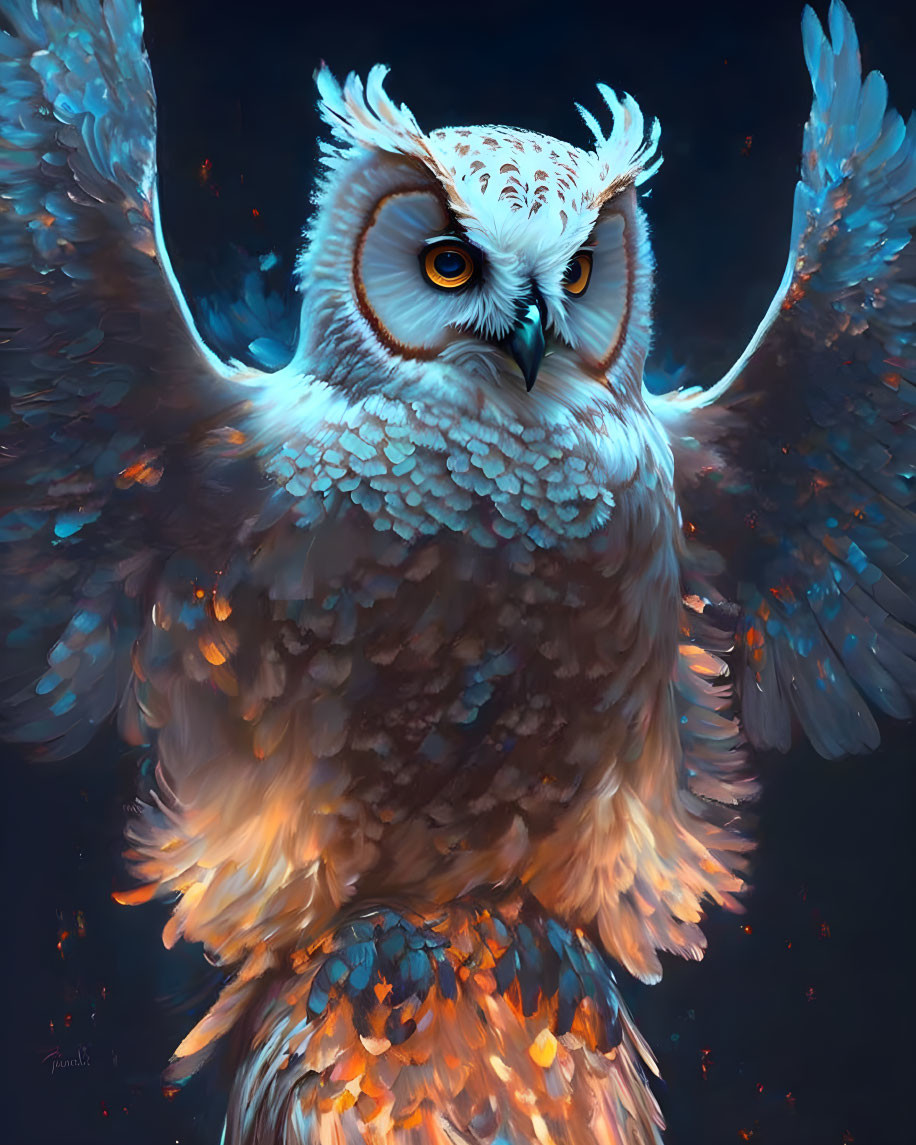 Detailed Blue and Orange Owl Illustration with Intense Eyes