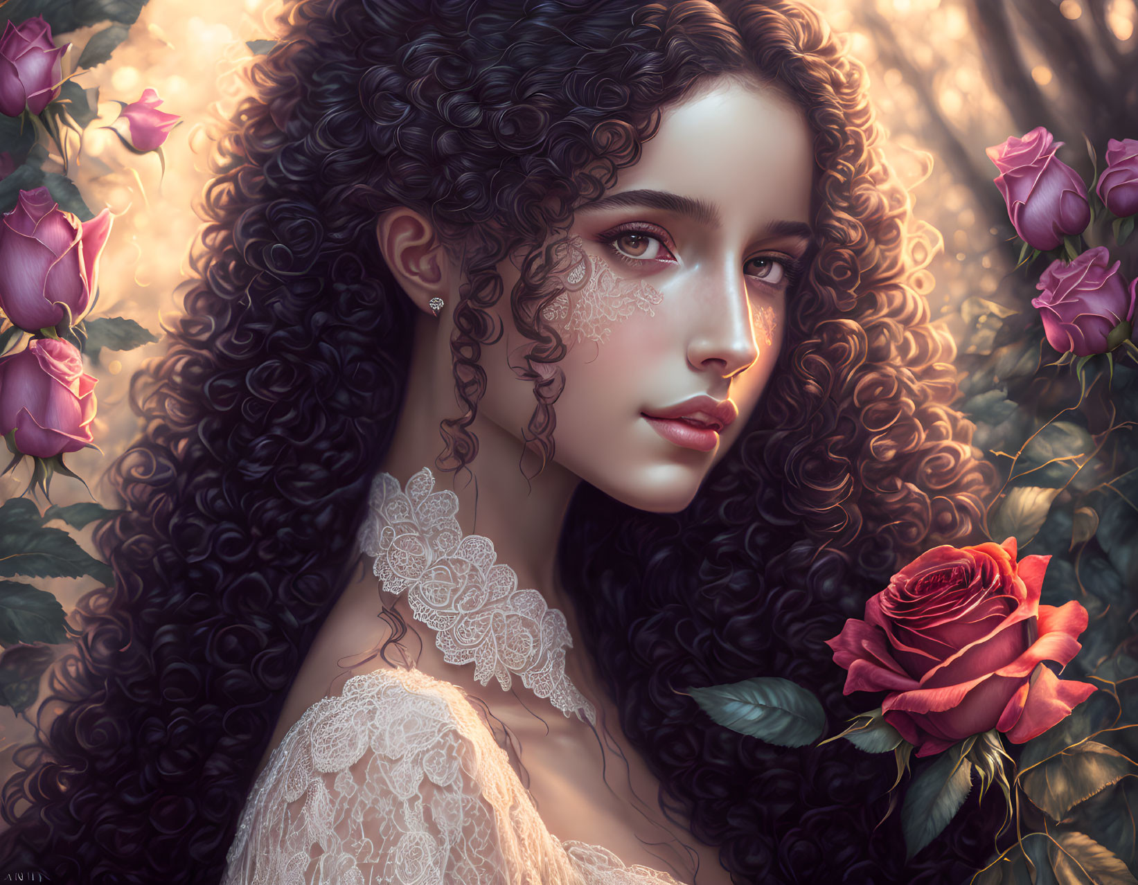 Digital artwork featuring woman with curly hair, lace details, roses in warm, ethereal setting