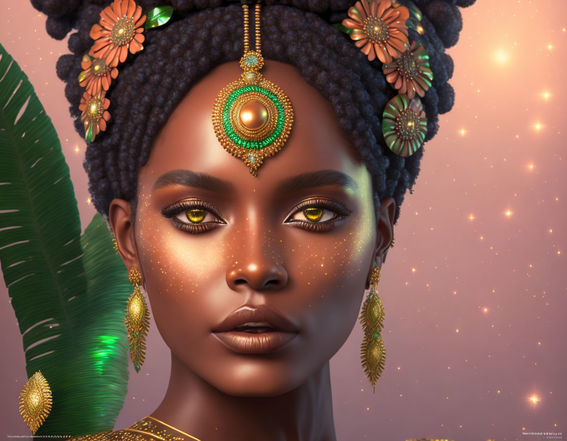 Digital portrait of woman with golden jewelry, braided hair, and freckles against starry backdrop