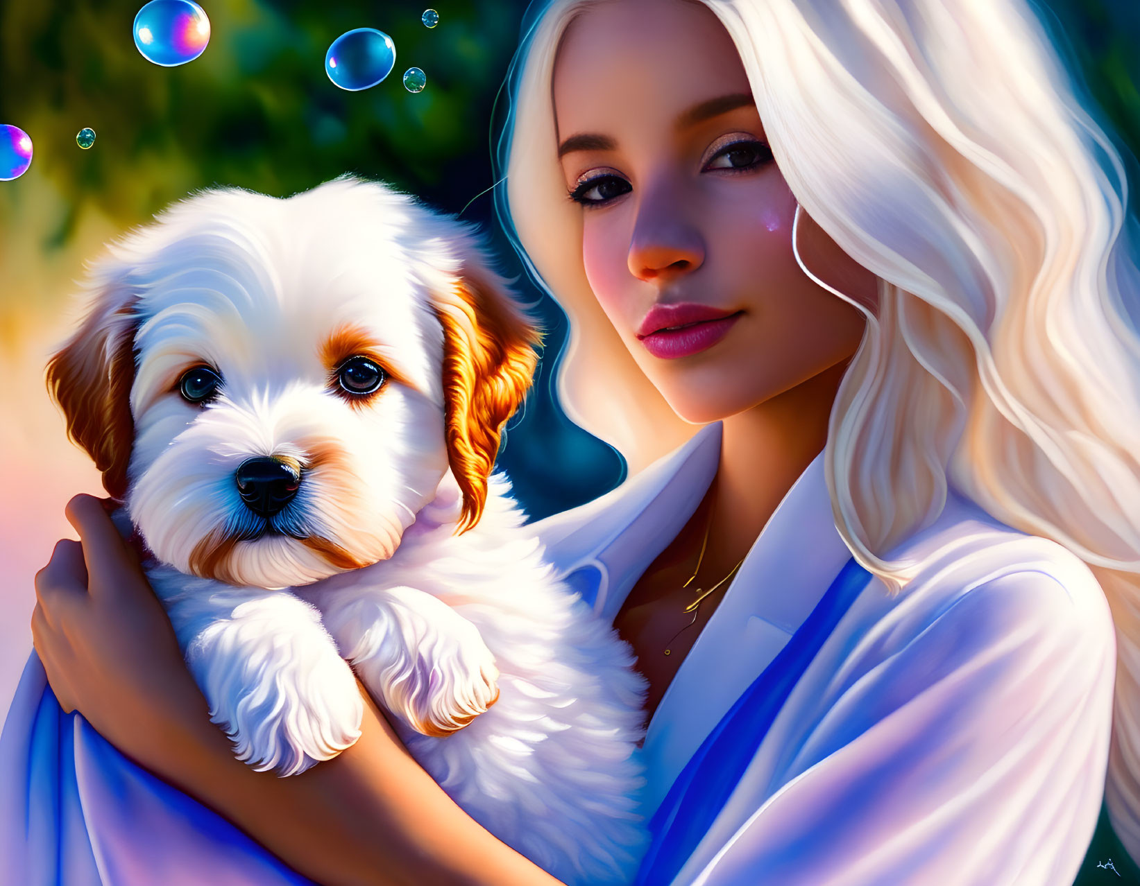 Blonde woman holding fluffy puppy in digital art