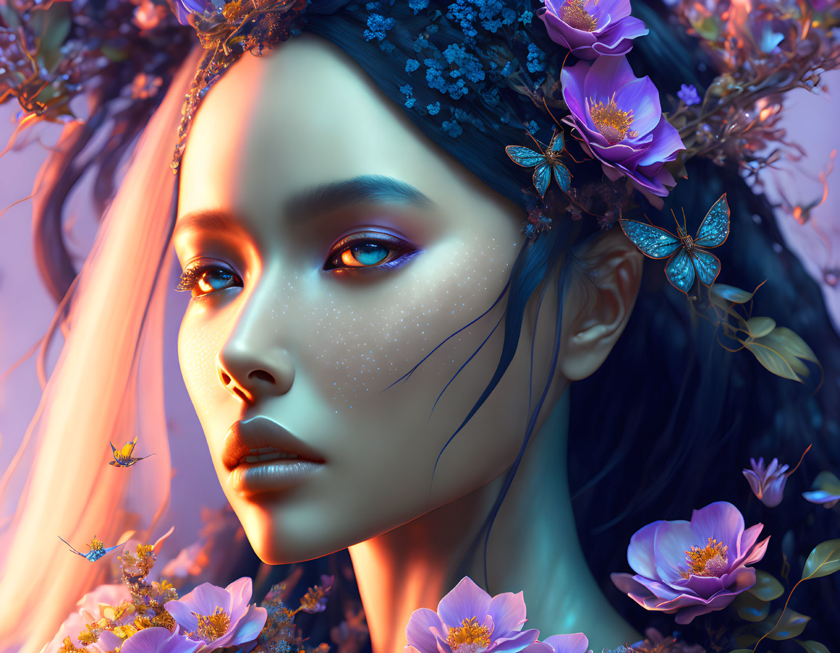 Fantasy portrait of woman with floral and butterfly adornments in blue and purple tones