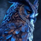 Colorful Owl Artwork with Orange Eyes and Blue/Purple Feathers