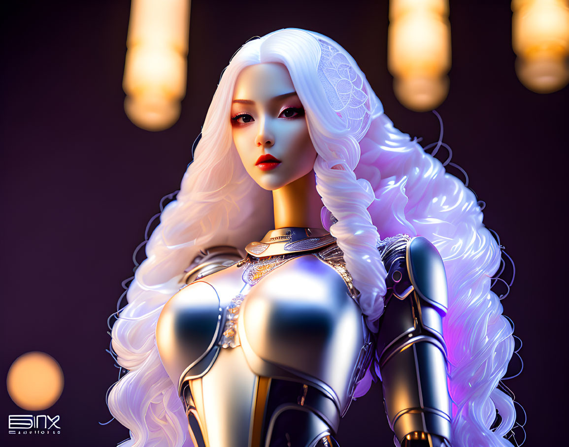 Detailed Female Character in Silver Armor with White Hair on Dark Background