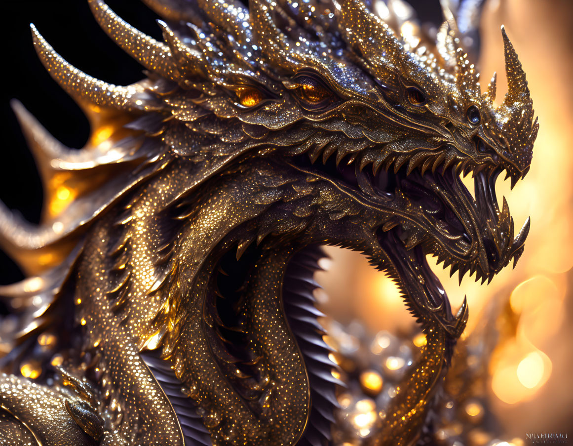 Detailed Golden Dragon with Sharp Horns and Fierce Teeth on Warm Background