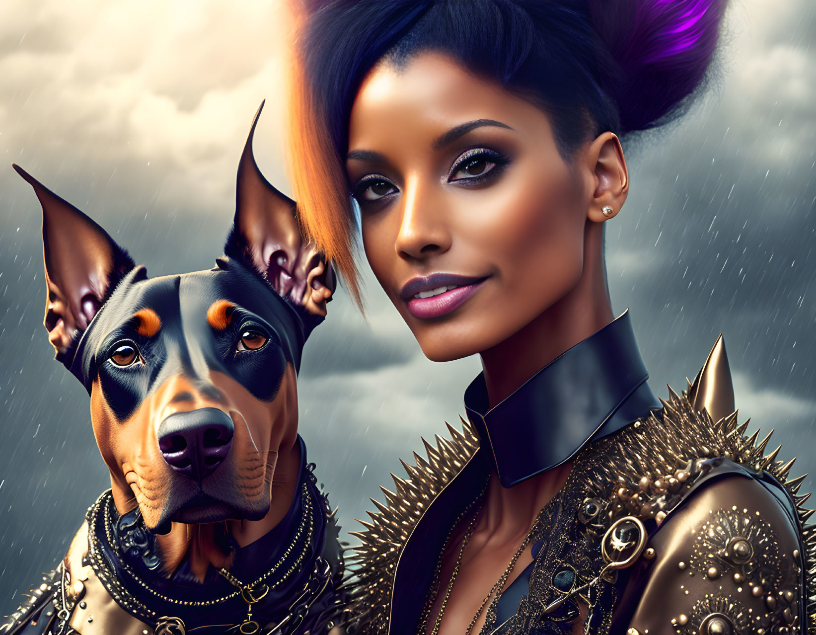 Woman with Striking Makeup and Doberman in Matching Attire in Moody Rainy Scene