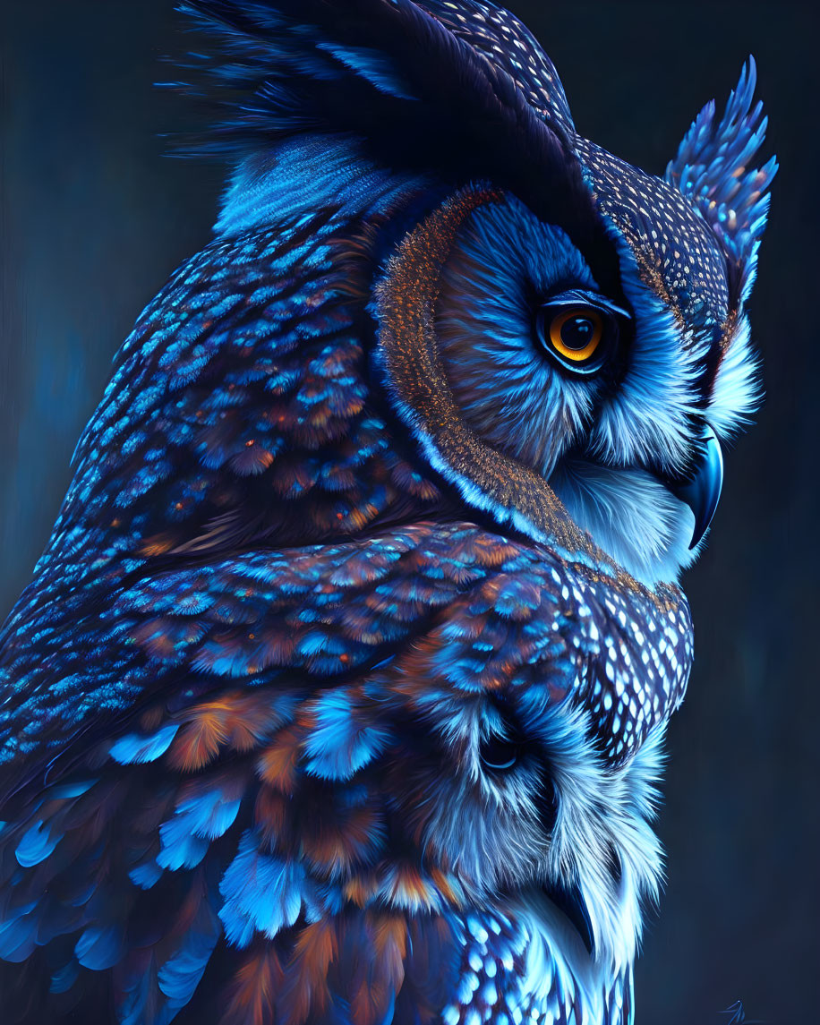 Colorful Owl Artwork with Orange Eyes and Blue/Purple Feathers