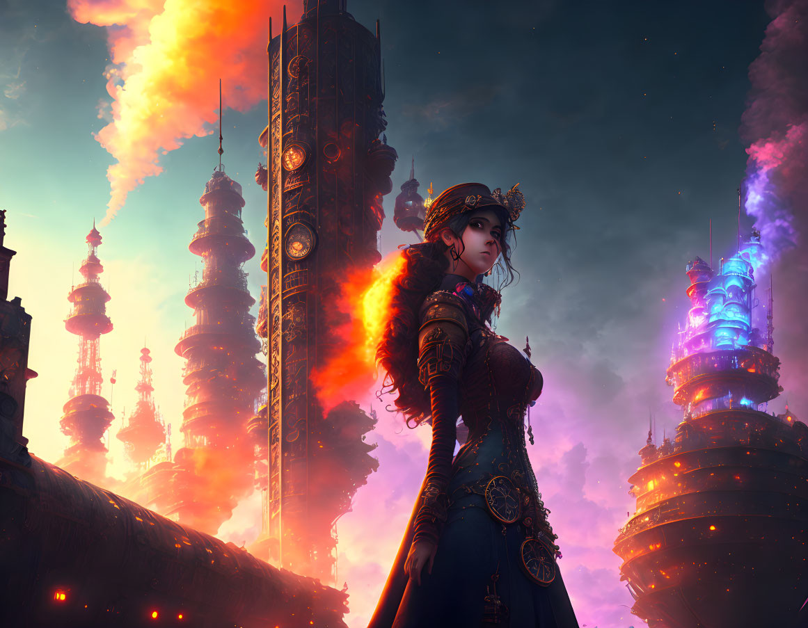 Steampunk woman in industrial cityscape at sunset