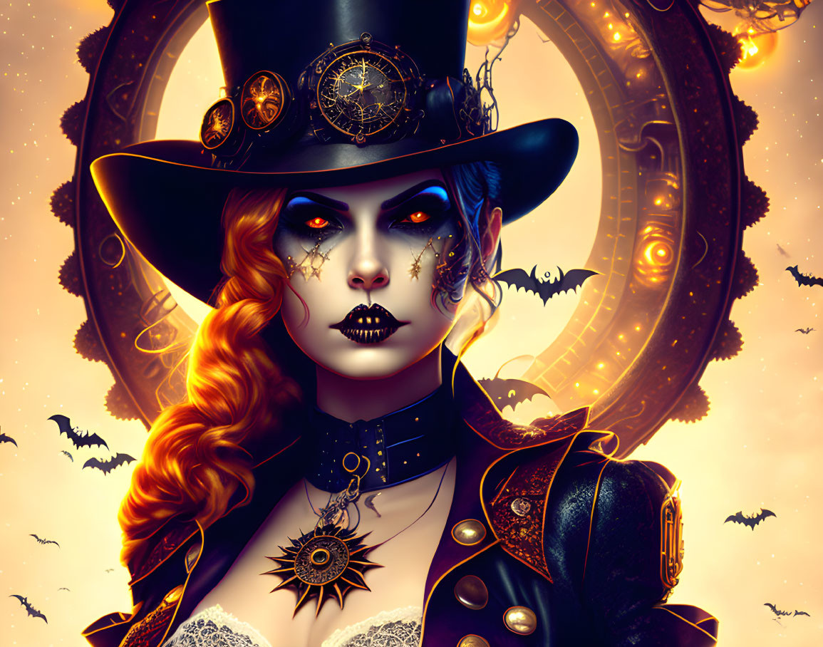 Steampunk-themed digital art of a woman with clockwork accessories and bats in front of gears.