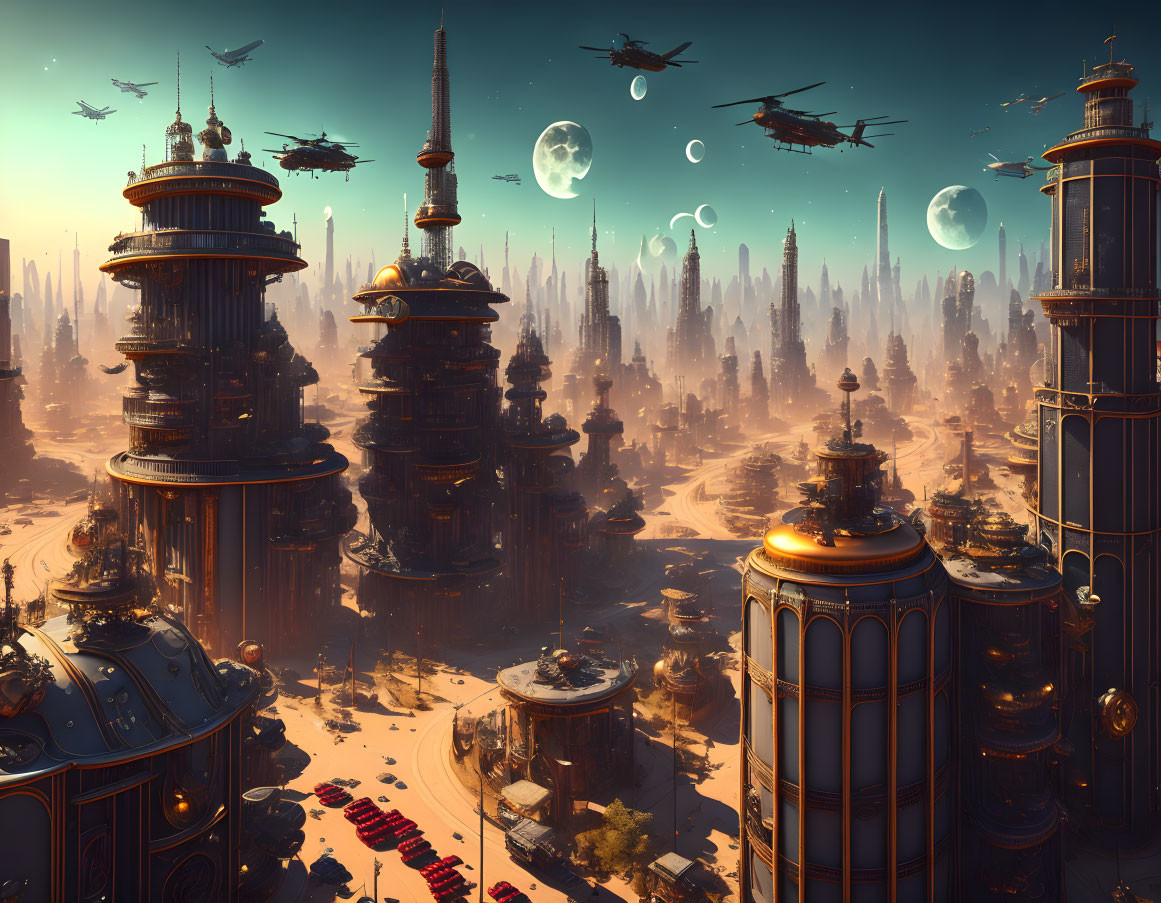 Futuristic cityscape with skyscrapers, flying vehicles, and distant planets above desert terrain