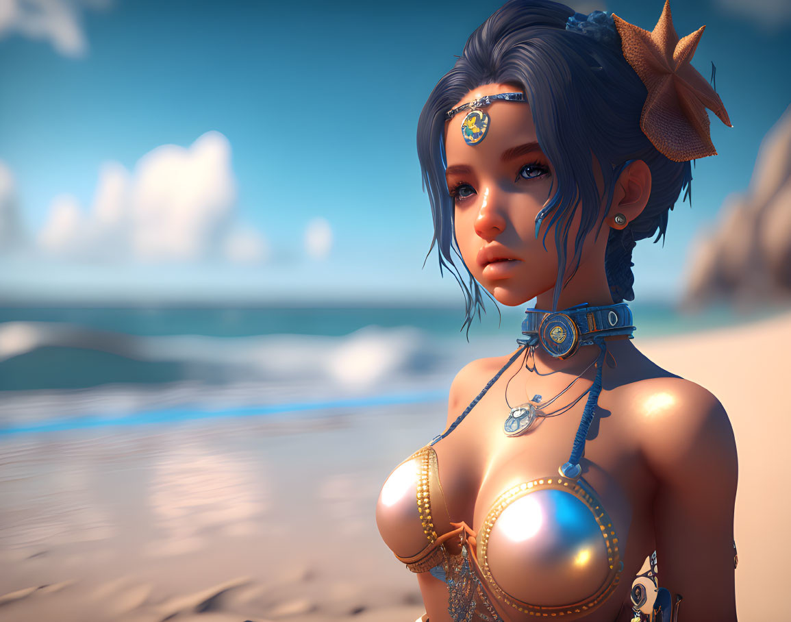 3D rendered female character with elf ears, blue hair, ocean-themed attire on beach