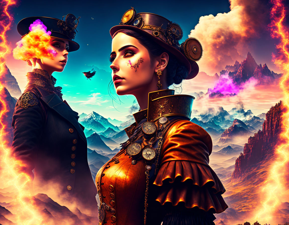 Steampunk women in ornate hats and goggles in fantasy landscape.