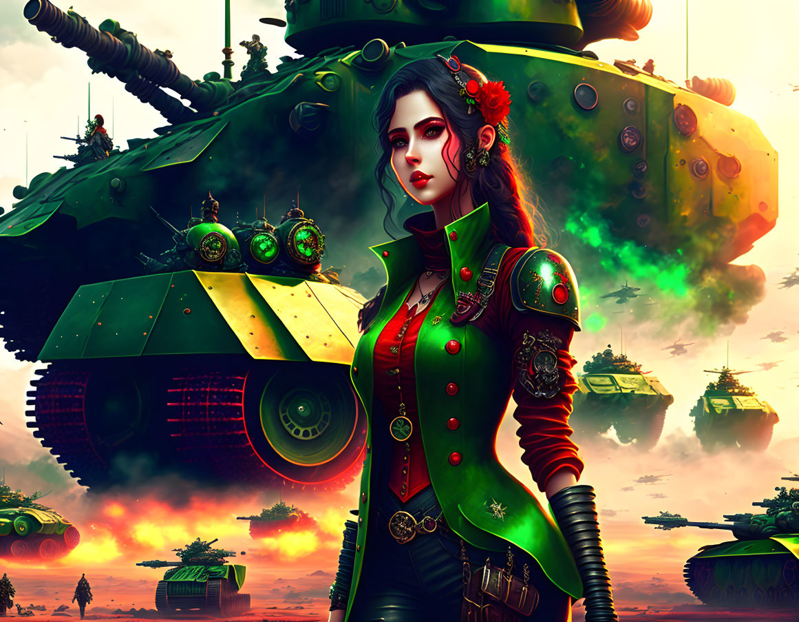 Futuristic military woman with medals and hovering tanks in stormy sky