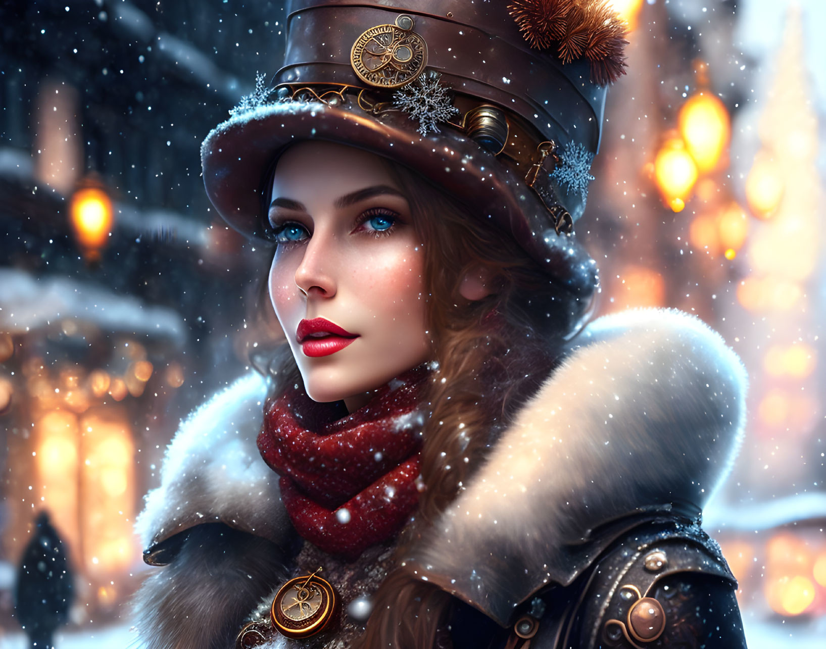 Woman with blue eyes and red lips in steampunk attire against snowy backdrop