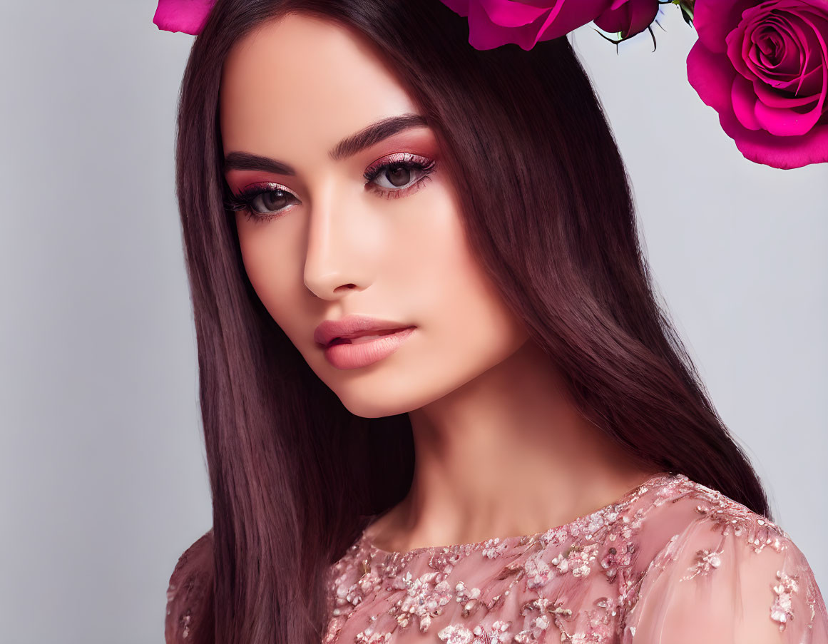 Woman with Long Brown Hair and Pink Roses in Pink Floral Dress on Grey Background