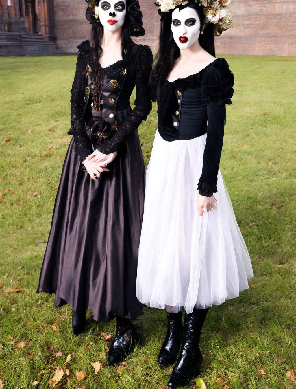 Two individuals in gothic attire and makeup standing outdoors.