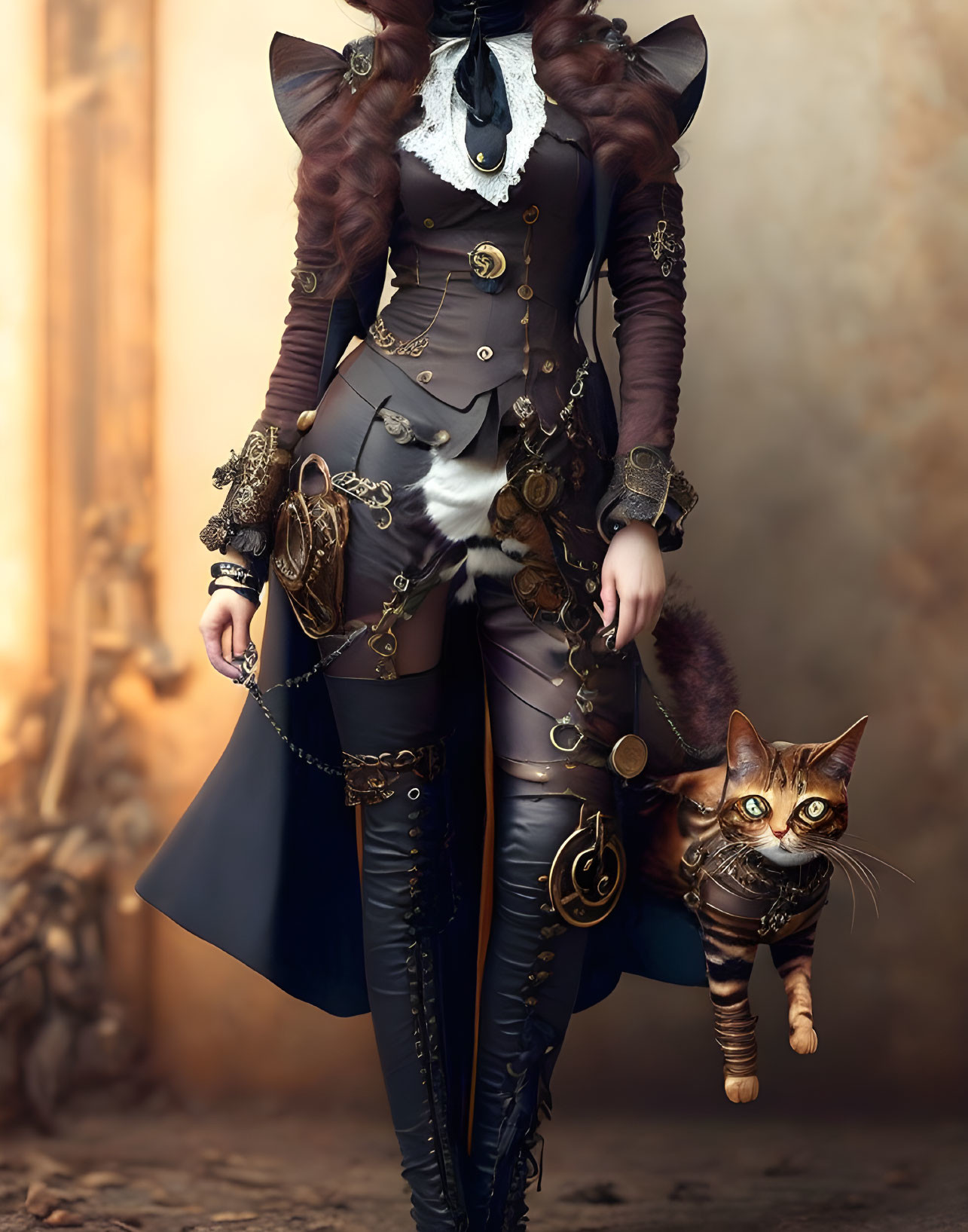 Steampunk-inspired woman holding adorned cat with whimsical details