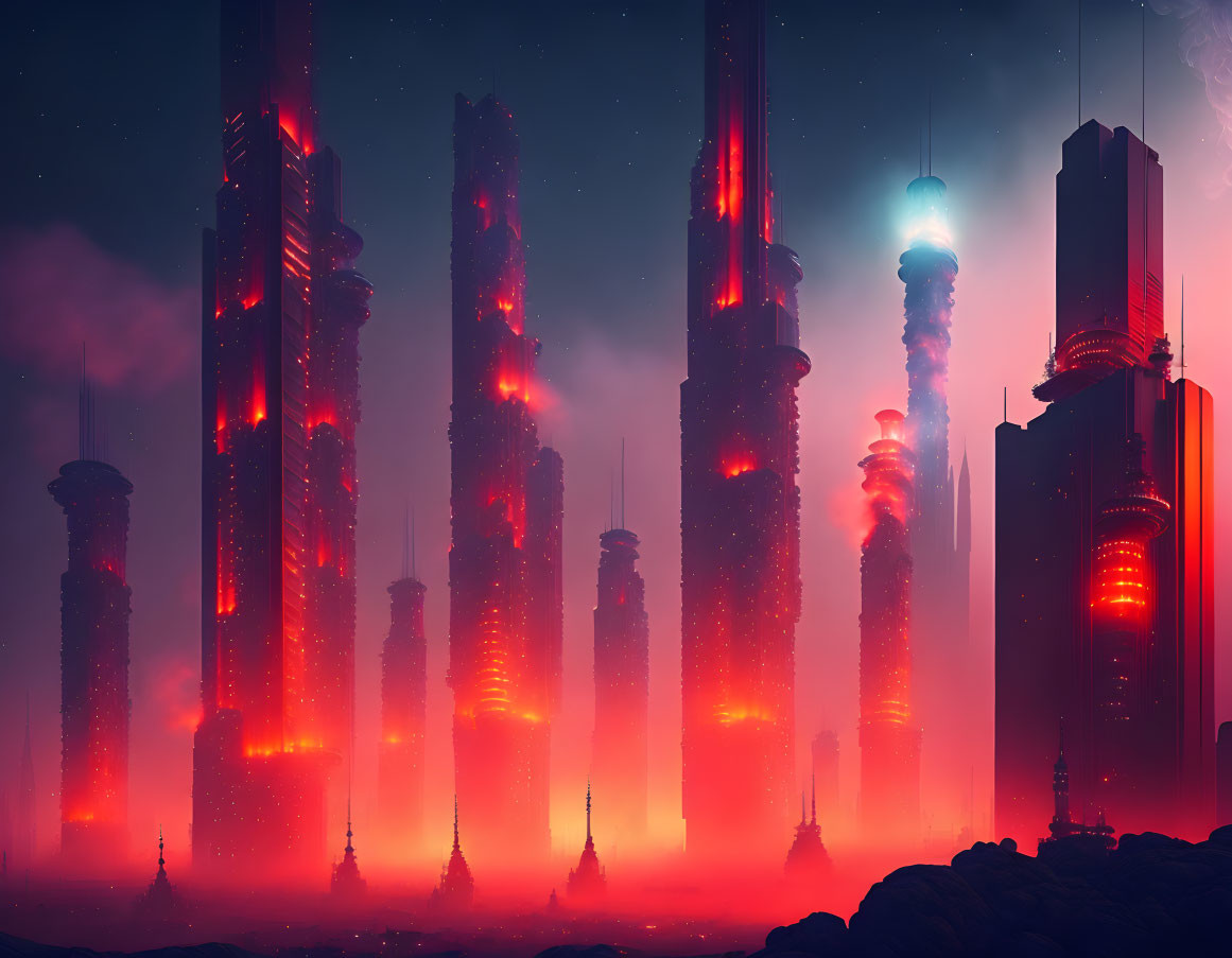 Futuristic cityscape with mist, skyscrapers, and neon lights