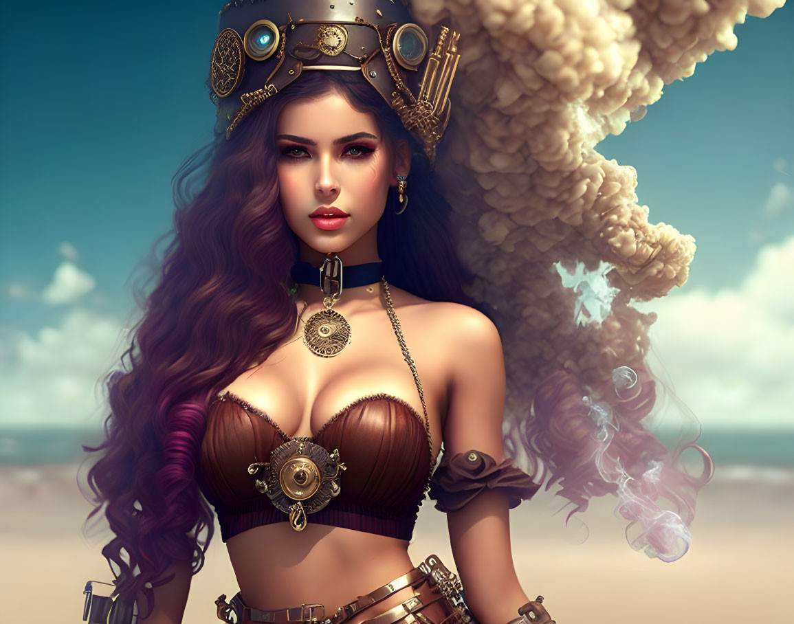 Steampunk-themed digital art of a woman in brass goggles on a beach