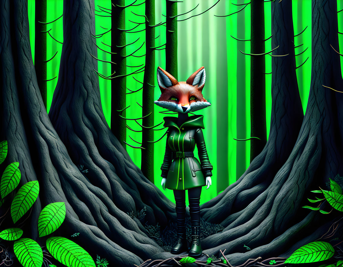 Anthropomorphic fox in leather jacket and boots in stylized forest