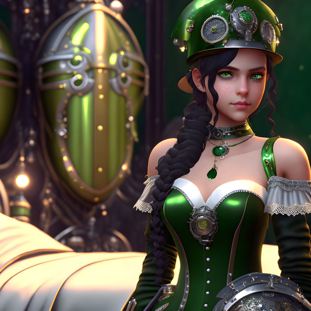 Digital illustration of woman in green steampunk outfit with braided hair