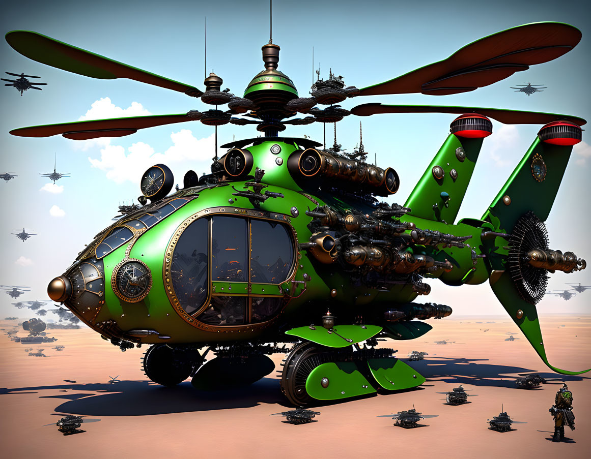 Green futuristic helicopter with multiple propellers in desert landing.