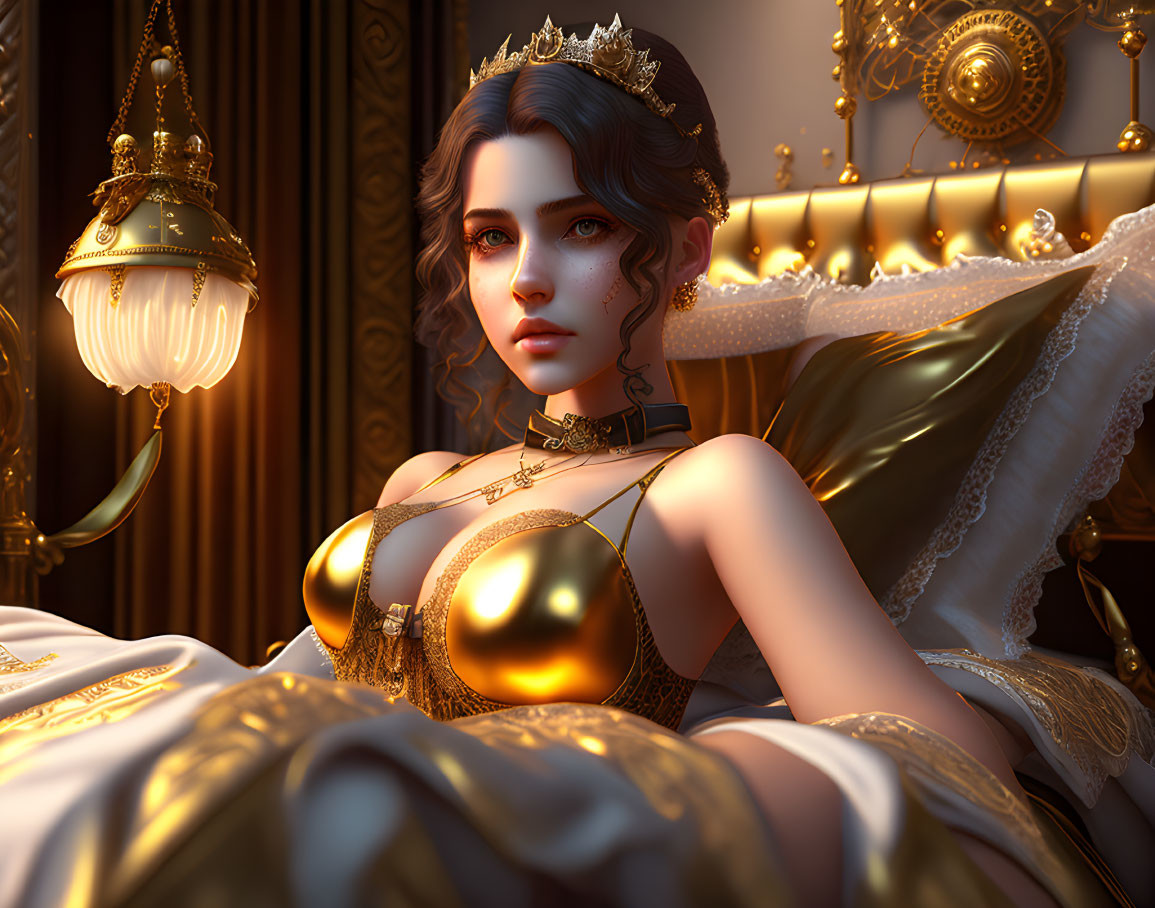 Digital artwork of a woman with striking eyes and gold crown in luxurious setting