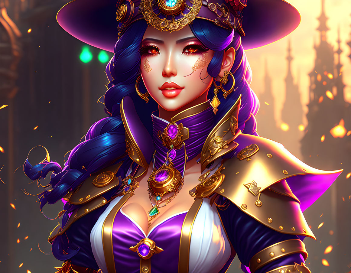 Illustrated woman with blue hair in regal purple and gold costume against warm background