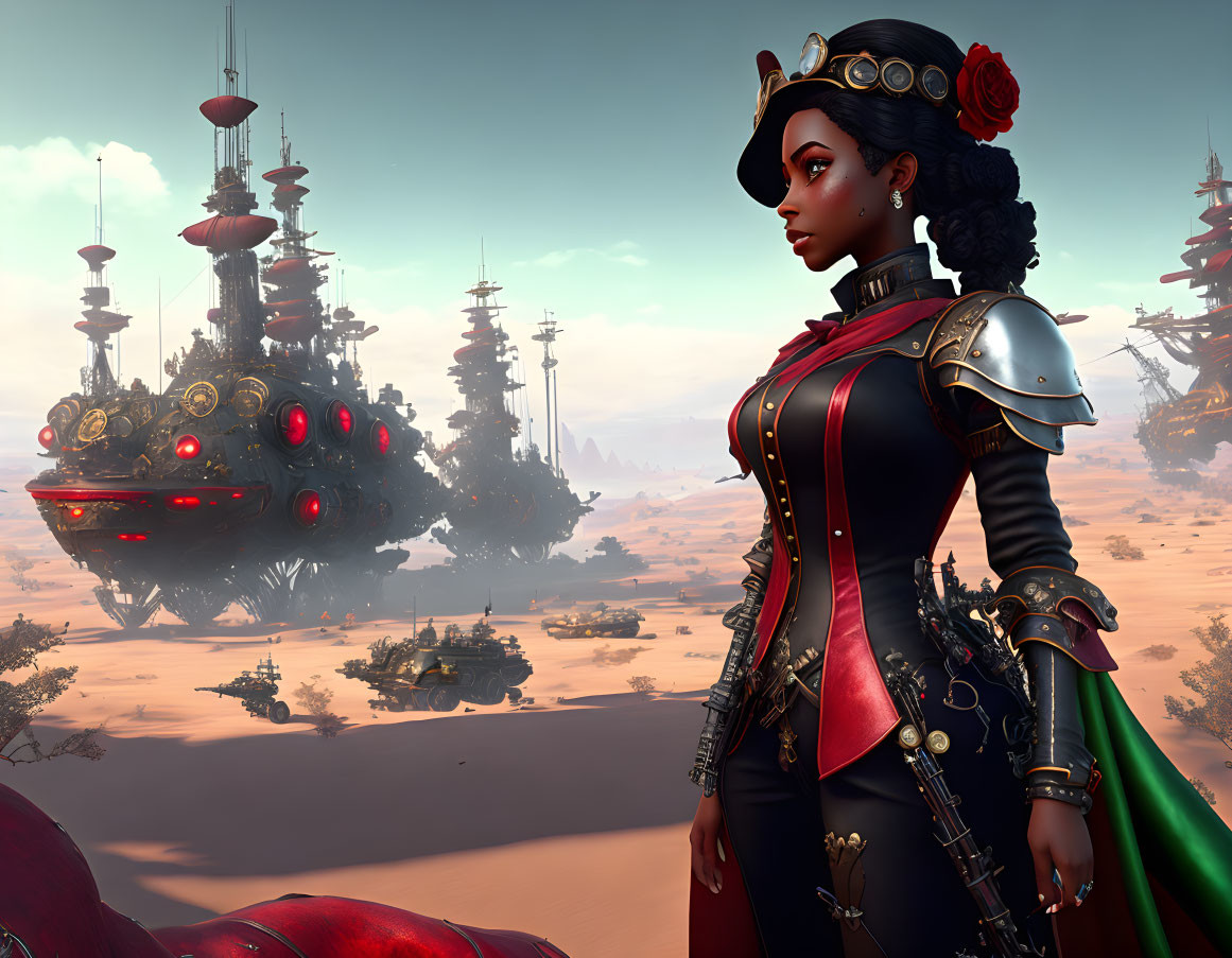 Futuristic armored woman in desert with floating cities